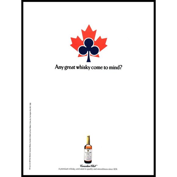 1988 Canadian Club Rye Whisky Whiskey Vintage Print Ad Maple Leaf Wall Art Photo - Picture 1 of 1